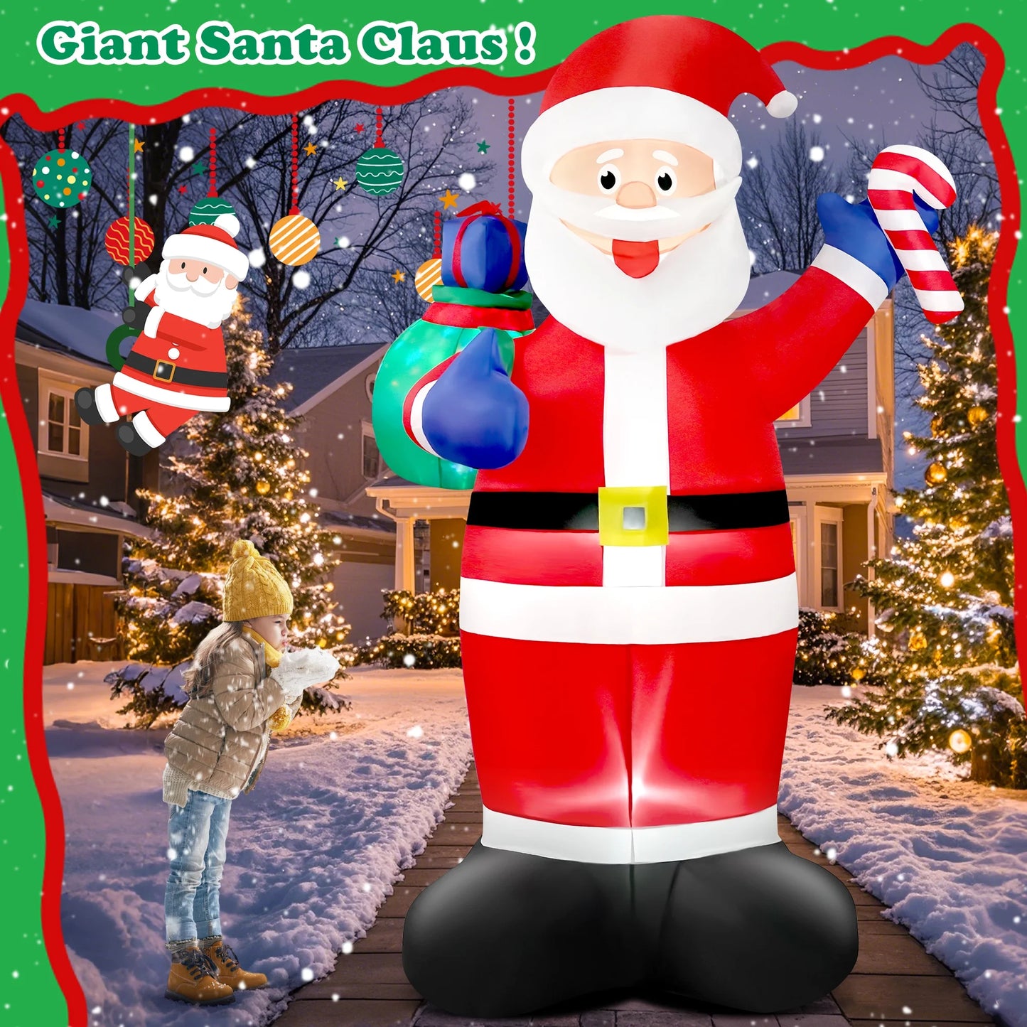 8FT Christmas Inflatable Santa Claus Outdoor Decorations,Blow up Santa Claus with Gifts Bag, Built-In Brilliant LED Lights Xmas Inflatables Yard Decor