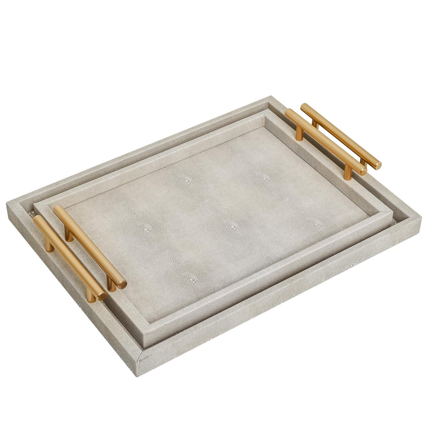 Set of 2 Wood Serving Tray with Handles Modern Decorative Ivory Shagreen Leather