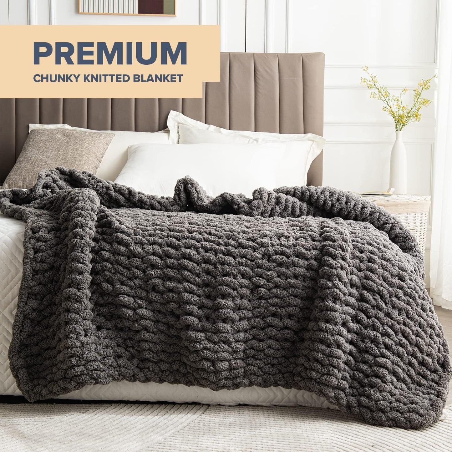 Chunky Knit Blanket Throw – 50" X 60", 3.7 Lbs – Handwoven Soft Chenille Yarn, Fluffy and Smooth – Machine Washable Cable Knit Blanket for Couch, Bed, and Living Room – Slate Grey