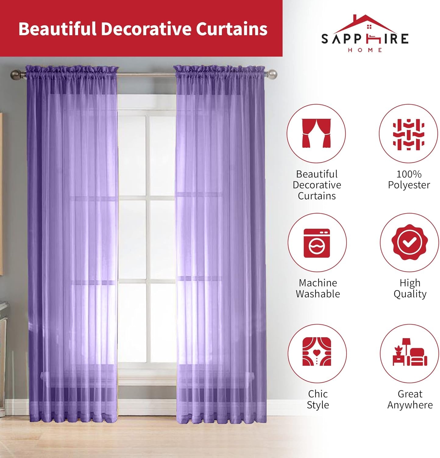 Purple Sheer Curtains - 84 Inches Length, 2 Panels Set Sheer Drapes, Light Filtering Textured Window Curtain for Living Room, Bedroom, Kitchen, and Dining Room - 54"X84", Purple