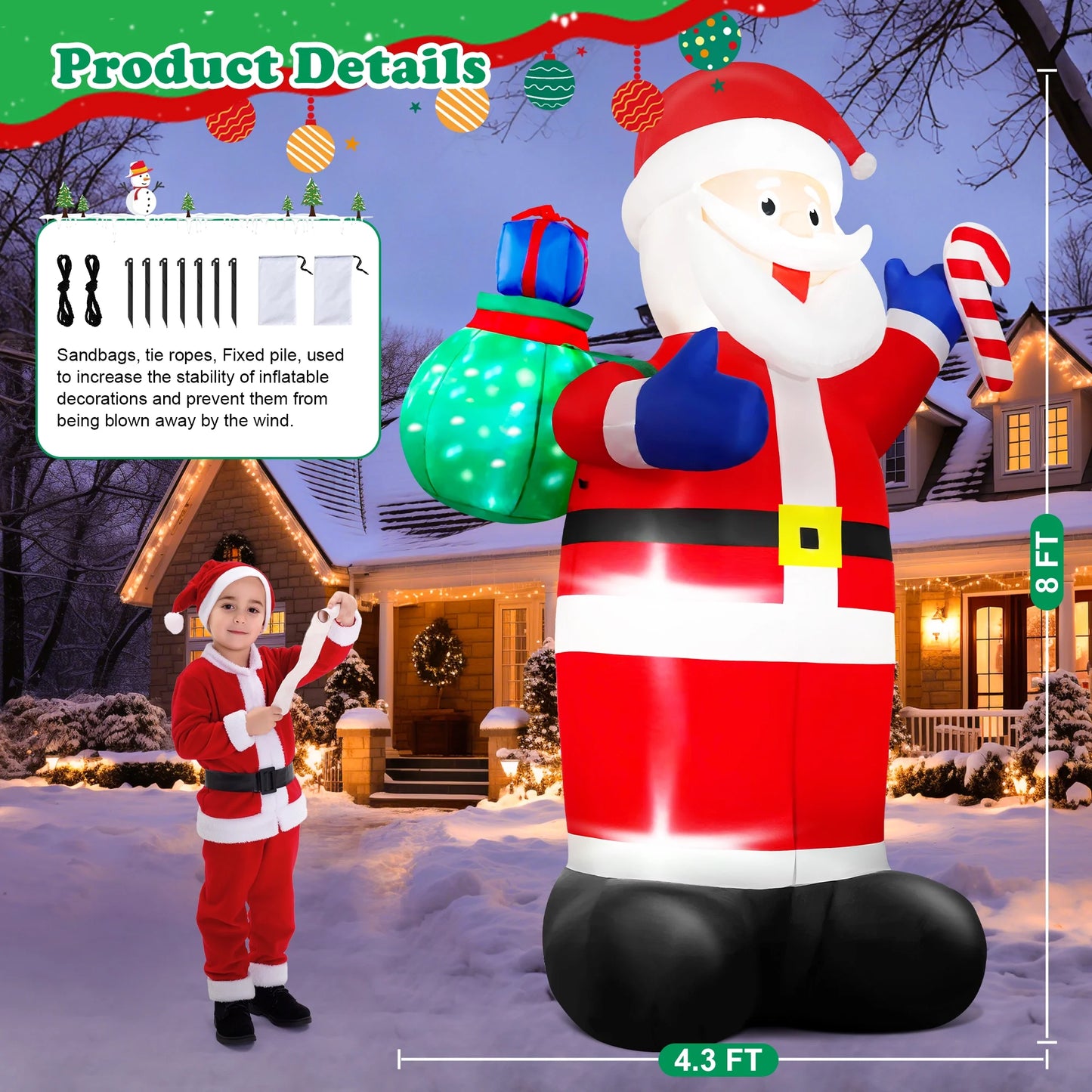 8FT Christmas Inflatable Santa Claus Outdoor Decorations,Blow up Santa Claus with Gifts Bag, Built-In Brilliant LED Lights Xmas Inflatables Yard Decor