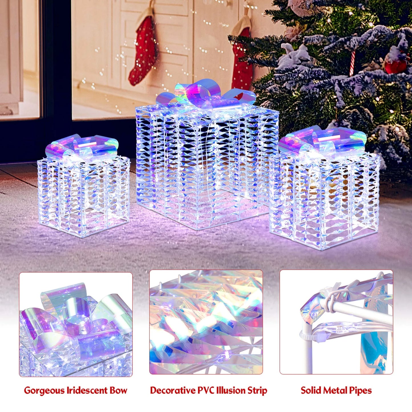 Set of 3 Iridescent Christmas Gift Box LED Lighted Present Box Decoration Yard