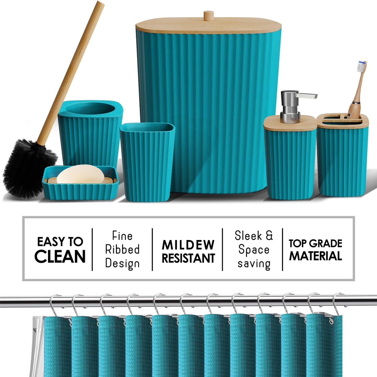22 Piece Bamboo Bathroom Sets, Teal Blue Bathroom Accessories Sets for Minimalistic Bathroom Décor