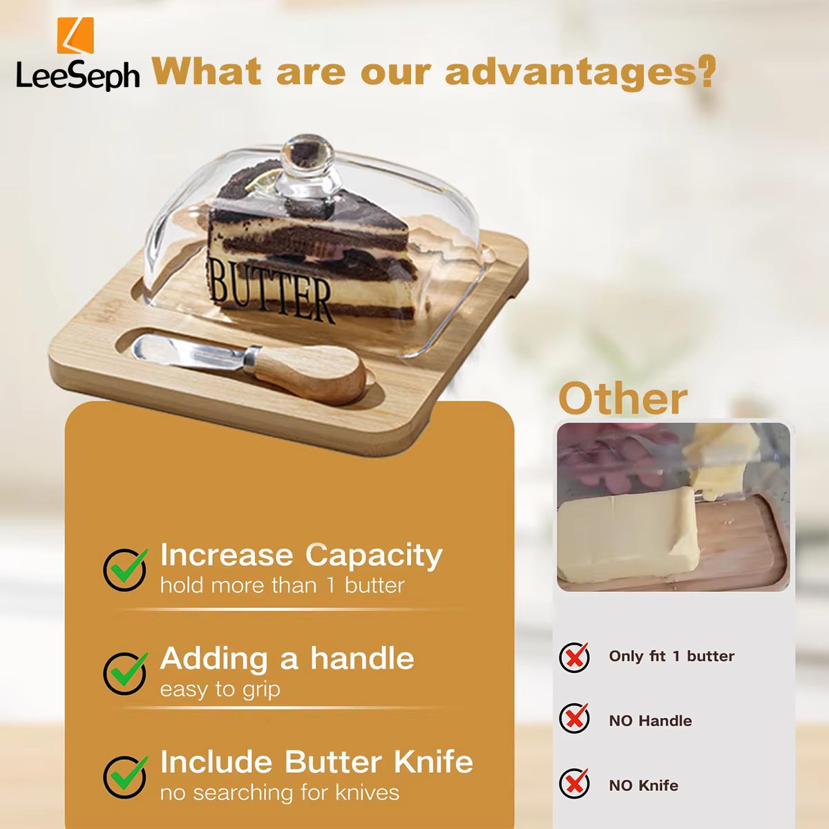 Bamboo Butter Dish with Glass Lid and Cutter, Reusable Butter Storage Dish Butter Case, Butter Container, Kitchen Tool