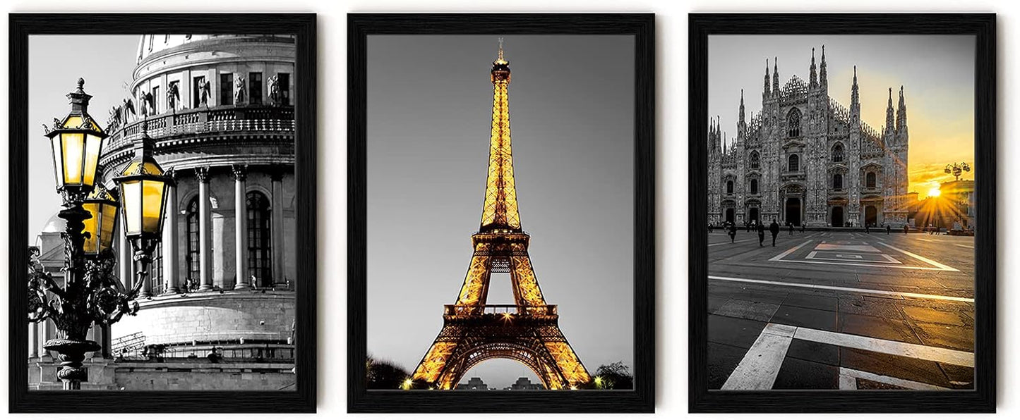 Framed Paris Wall Art Set of 3-12 X 16 Inch Black White Eiffel Tower Pictures for Bedroom & Living Room Decor | Modern Trendy Parisian Themed Wall Decor