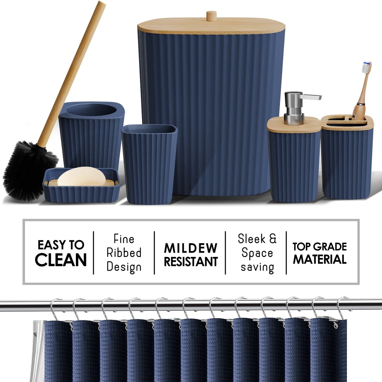 20 Piece Bamboo Bathroom Sets, Navy Blue Bathroom Accessories Sets for Minimalistic Bathroom Décor