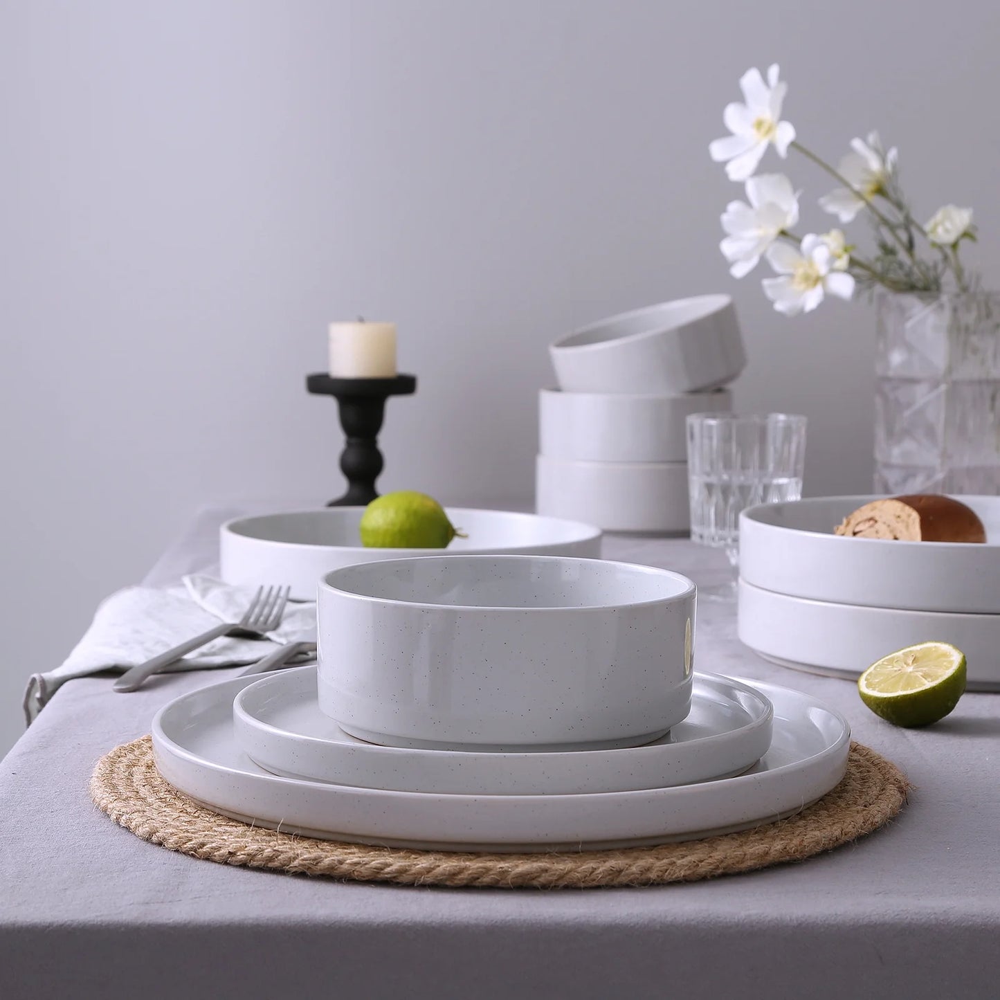 12 Piece Dinnerware Set, Stoneware Plates and Bowls Set, Dish Set for 4, Light Gray