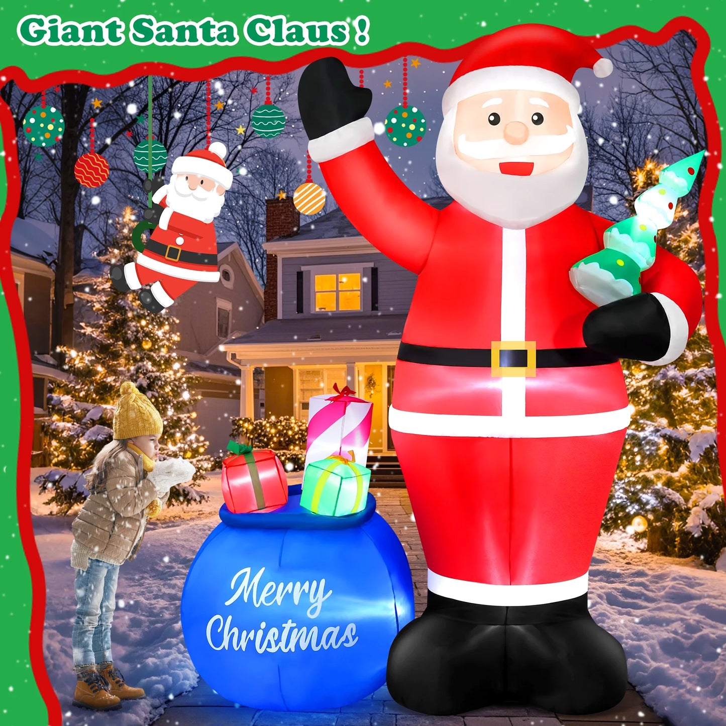 8FT Christmas Inflatable Santa Claus with Big Gift Bag and Christmas Tree Outdoor Decorations,Built-In LED Light,Blow up Xmas Inflatables for Front Back Yard Garden Lawn