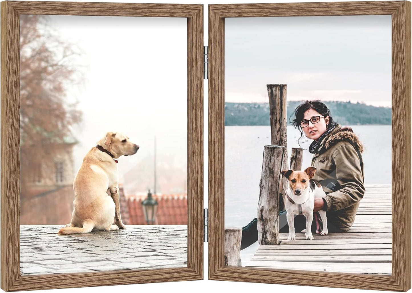 4X6 Double Picture Frame Wooden Hinged Photo Frame Definition Glass Stand Vertically on Desktop or Tabletop