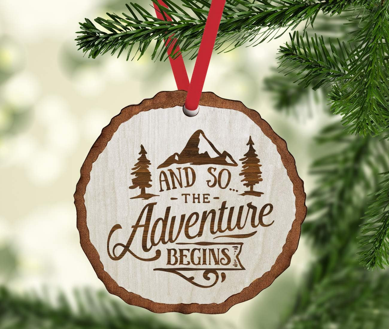 Real Wood Rustic Farmhouse Christmas Ornament, Engraved Wood Slab and so the Adventure Begins 1-Pack Christmas Wedding Hiking Ornaments for Christmas Tree Hiking Christmas Ornament
