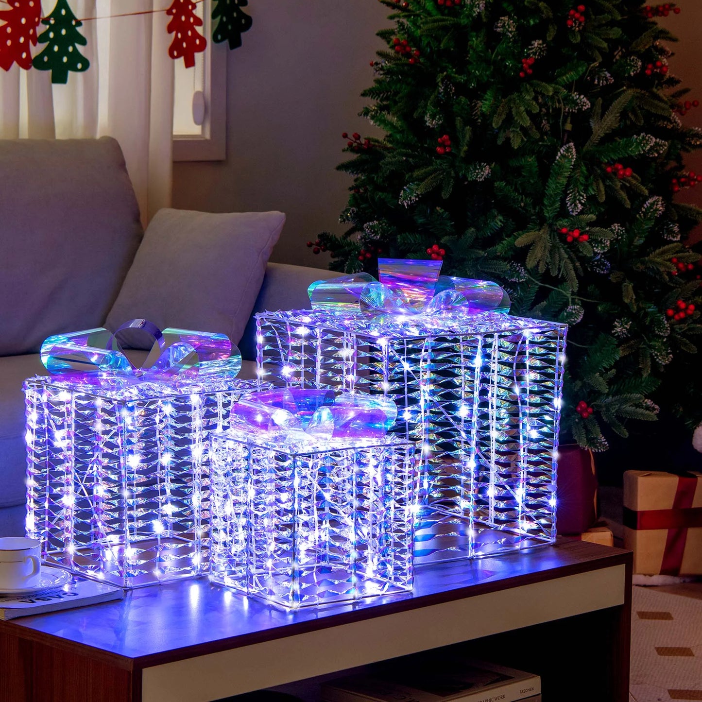Set of 3 Iridescent Christmas Gift Box LED Lighted Present Box Decoration Yard