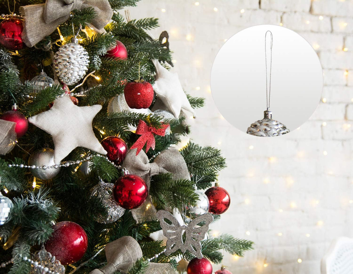 200Pcs Christmas Ornaments String Hanger Silver Precut Ribbon Hook for Christmas Tree Ornament Decorations with Snap Fastener