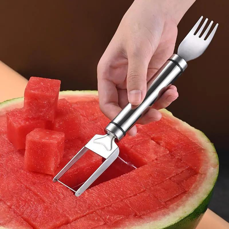 【2 Count】Watermelon Fork Slicer Cutter Slicertool,2-In-1 Stainless Steel Fruit Cutter,Dual Head Fruit Forks Slicer Knife with round Handle,Fruit Cutting Kitchen Utensils,Portable Modern,Mirrorzone.Smartliving