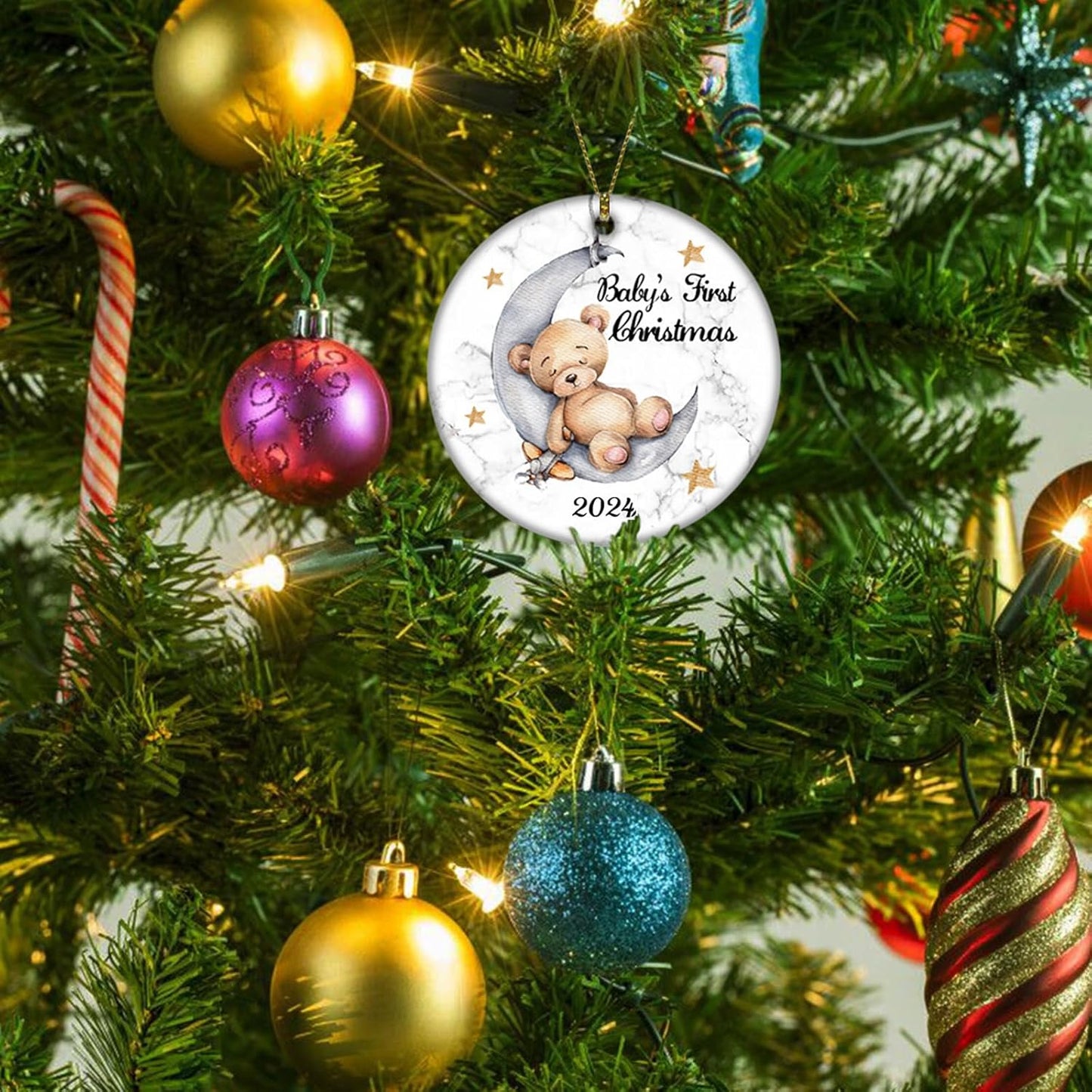 Baby'S First Christmas 2025 Boy Bear on the Moon Baby Ornament Christmas Wedding Decoration Baby Ornament Newlywed 2025 (Yellow and White Baby Bear)