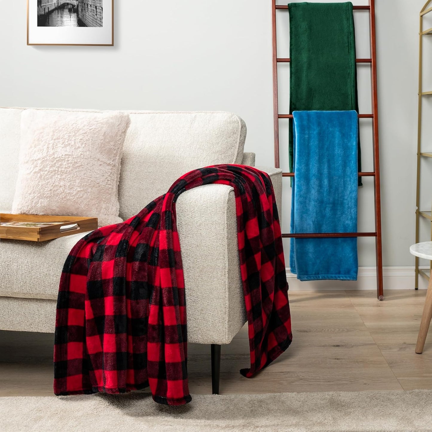 Black and Red Buffalo Plaid Fleece Bed Blanket King Size, Soft Checkered Flannel Blanket for Sofa, Plaid Christmas Couch Throw Bed, Warm Cozy Decorative Blanket Fall Decor Gift, 90X90