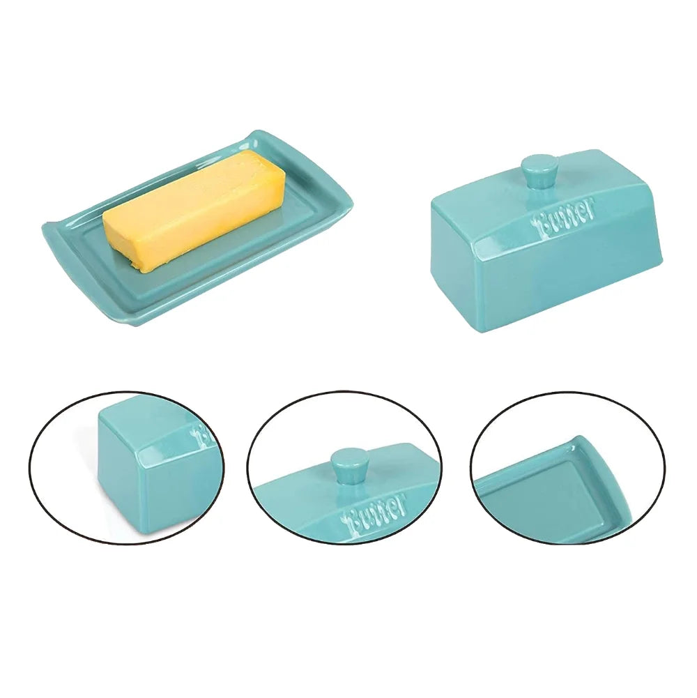 Ceramic Butter Dish Keeper Holder Countertop Rectangle Container with Lid - Blue