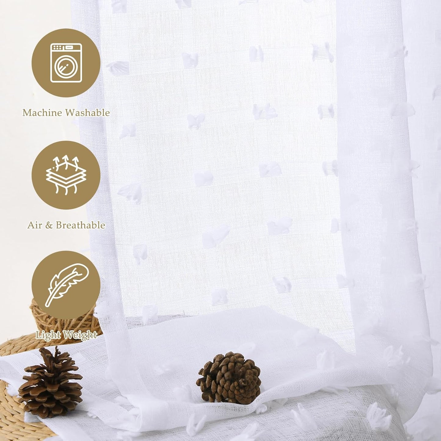 Sheer Curtains 84 Inch Length 2 Panels Sets for Living Room Bedroom 52 Inch Width Farmhouse Boho Drapes Light Filtering Pom Pom Curtains Tufted Semi Sheer Kids Rod Pocket,White,W52Xl84