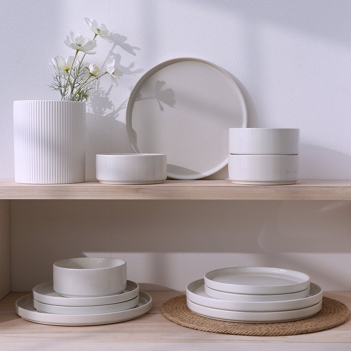 12 Piece Dinnerware Set, Stoneware Plates and Bowls Set, Dish Set for 4, White