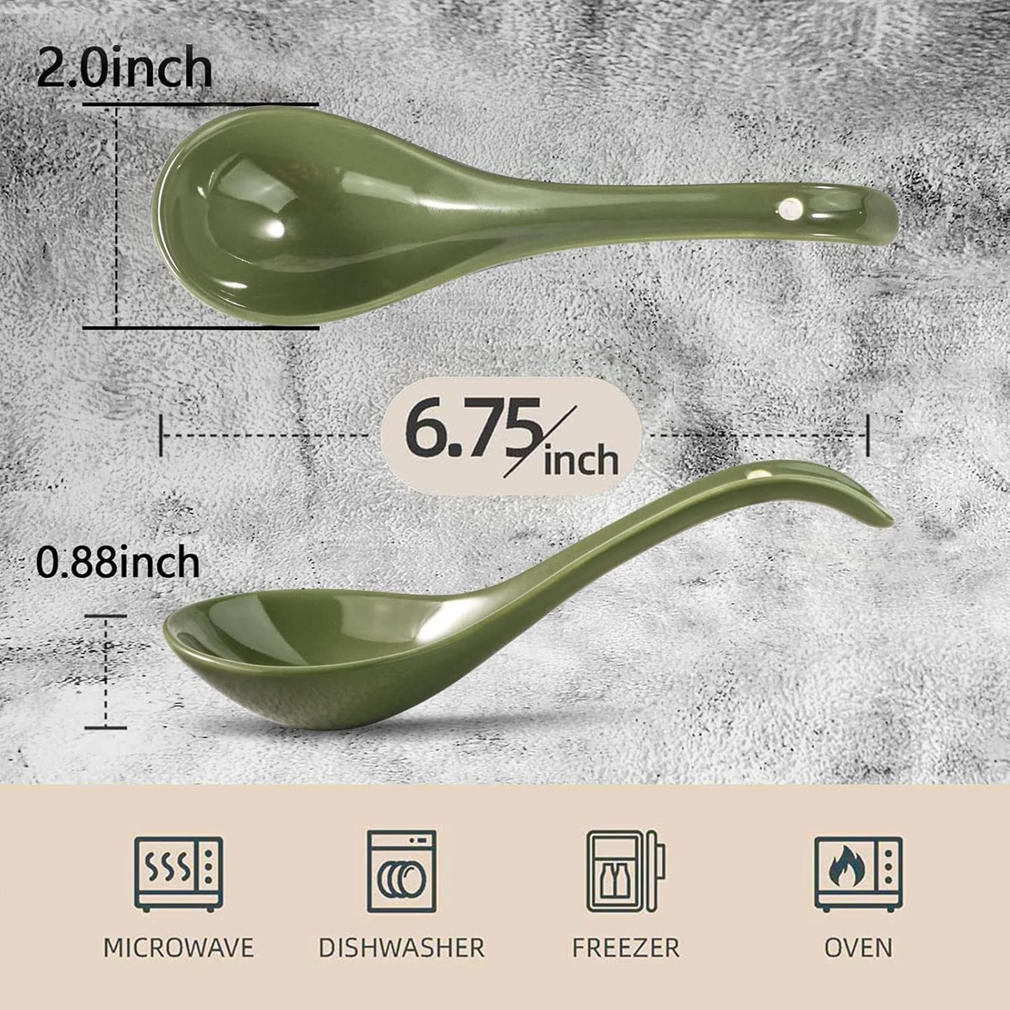6.75 Inch Solid Asian Soup Spoon Set of 6,Ultra-Fine Porcelain Japanese Soup Spoon,Ramen Spoons for Pho Noodles Miso, Chinese Soup Spoons for Dumpling Wonton Cereal, Deep Oval Hook Design-Green