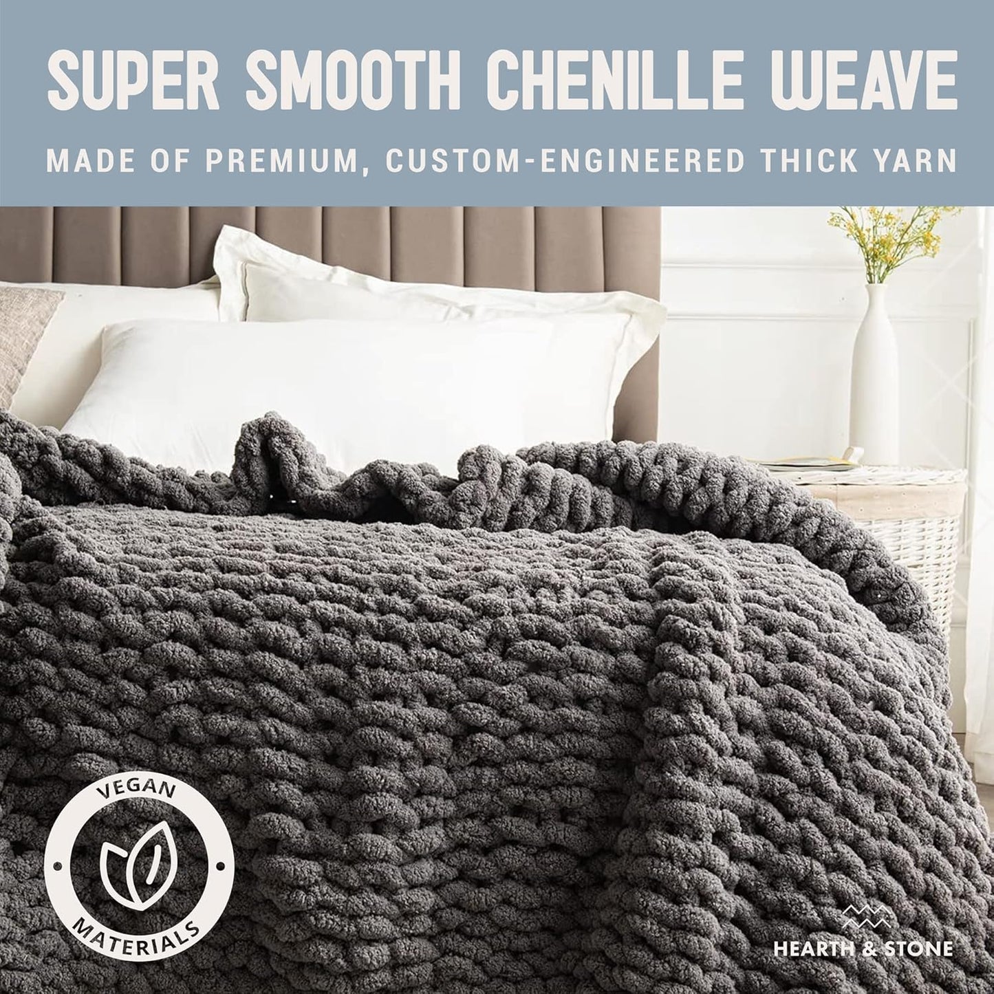 Chunky Knit Blanket (60X80 Inches) - Soft Knitted Yarn Blanket Large Gray - Handmade Throw Blanket Grey - Crochet Throw Blanket for Sofa, Bed, Couch (Slate Grey, 60X80 In)