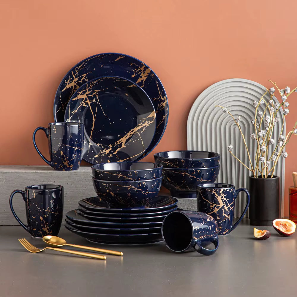 LOVECASA Ceramic Tableware Set 16 Piece Procelain Tableware Design by Gold Splash with Dinner Plate Cake Plate Bowls Coffee Cups