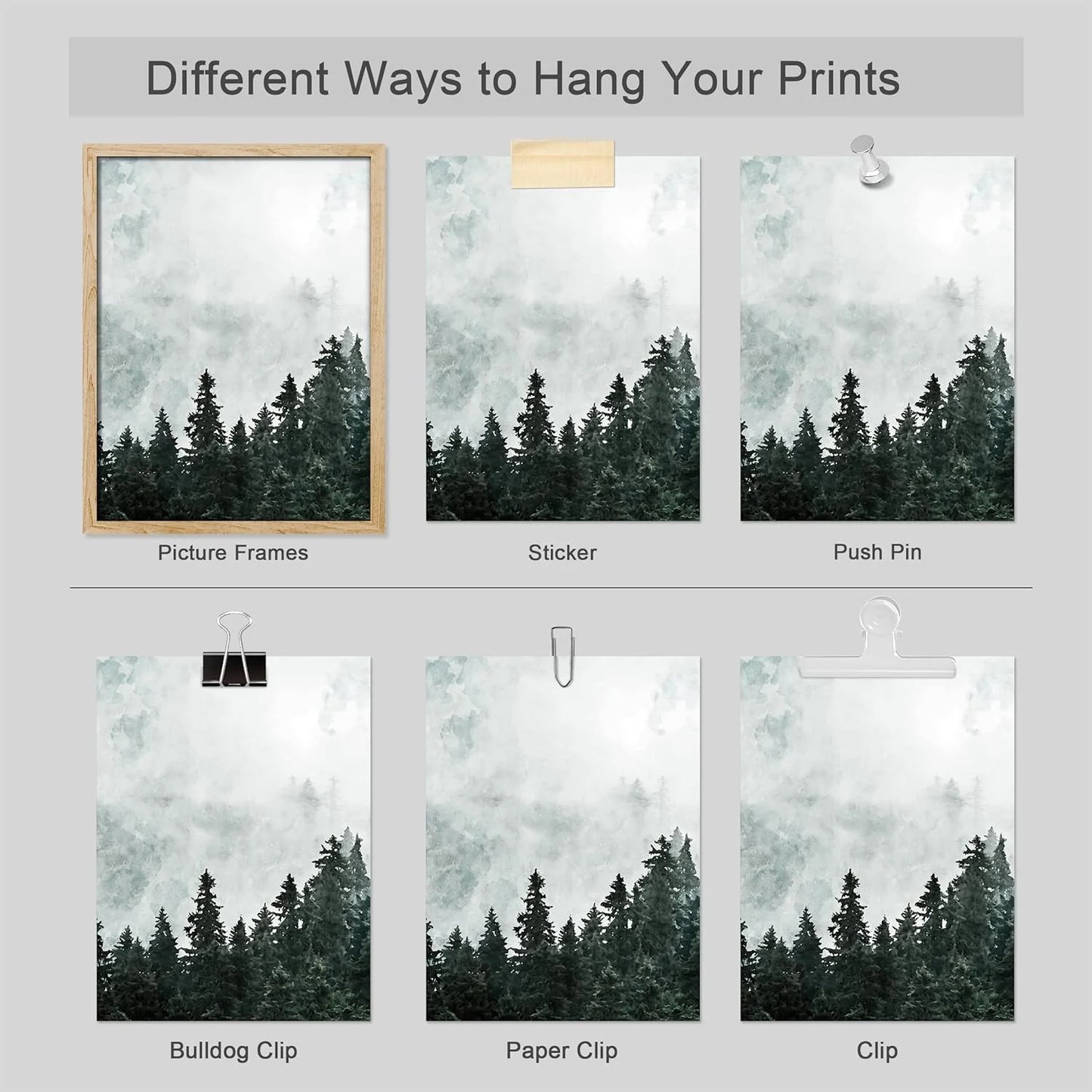Adhesive Canvas Print Wall Art Set - Foggy Pine Tree Forest Misty Mountain Art - Set of 3 Nature Wilderness Landscape Artwork Illustrations Wall Décor - 12"X16"X3 Panels Unframed