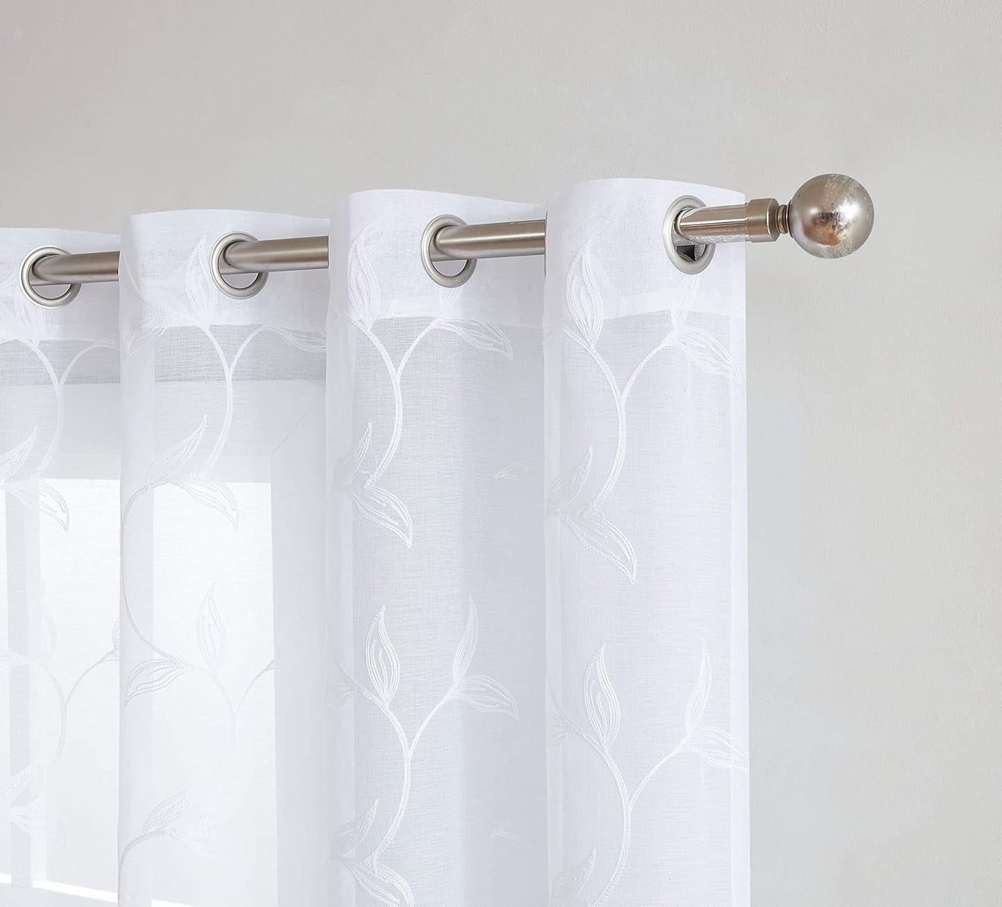 Pair of 2 Sheer White Curtains with White Leaf Embroidery. Modern Farmhouse Curtains for Living Room, for Kitchen or Bedroom Decor. (Maria 54 X 63 White)