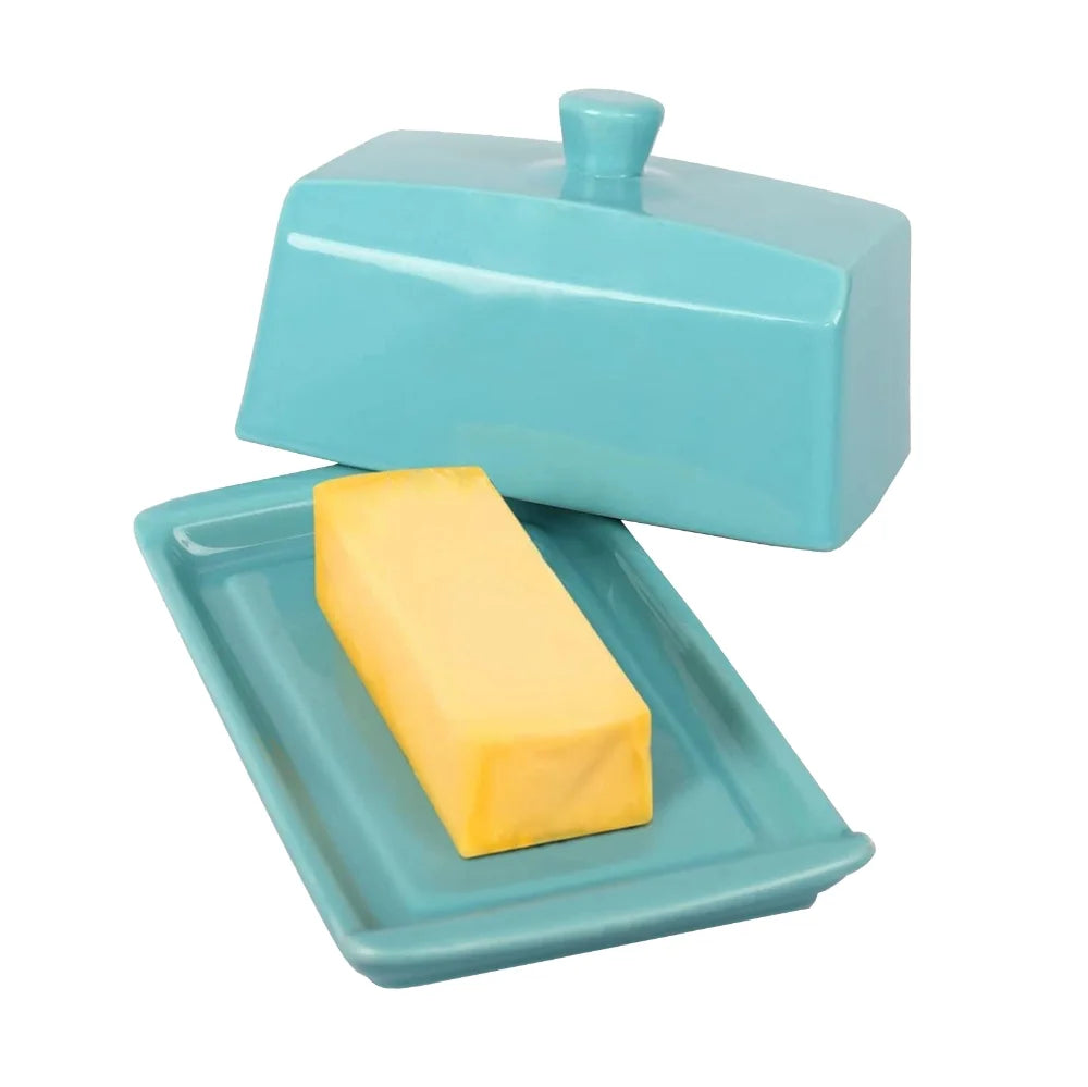 Ceramic Butter Dish Keeper Holder Countertop Rectangle Container with Lid - Blue