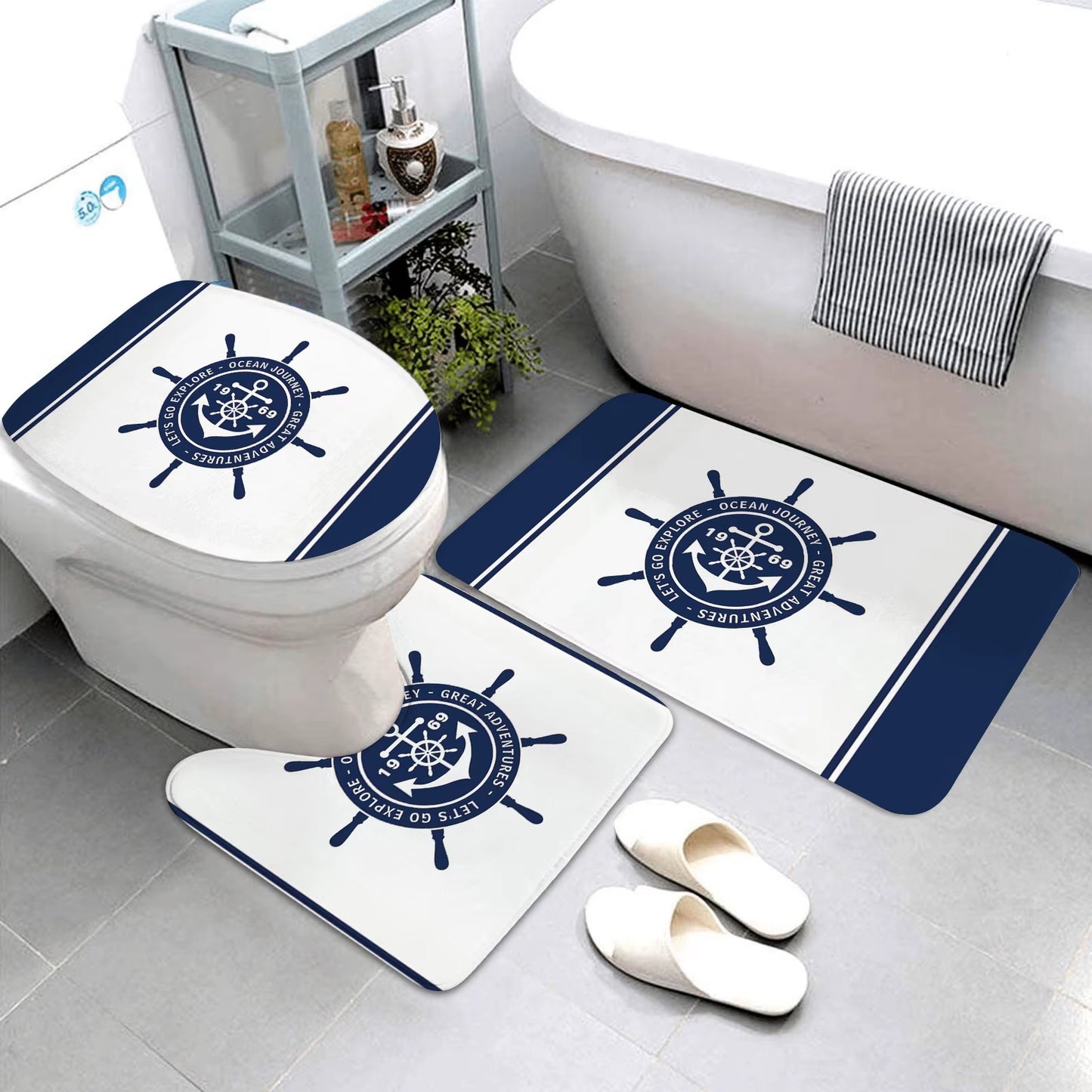 Dark Blue Nautical Series Bathroom Mats Bathroom Mats Three-Piece Set Bathroom Rugs and Mats Bathroom Products Can Be Customized