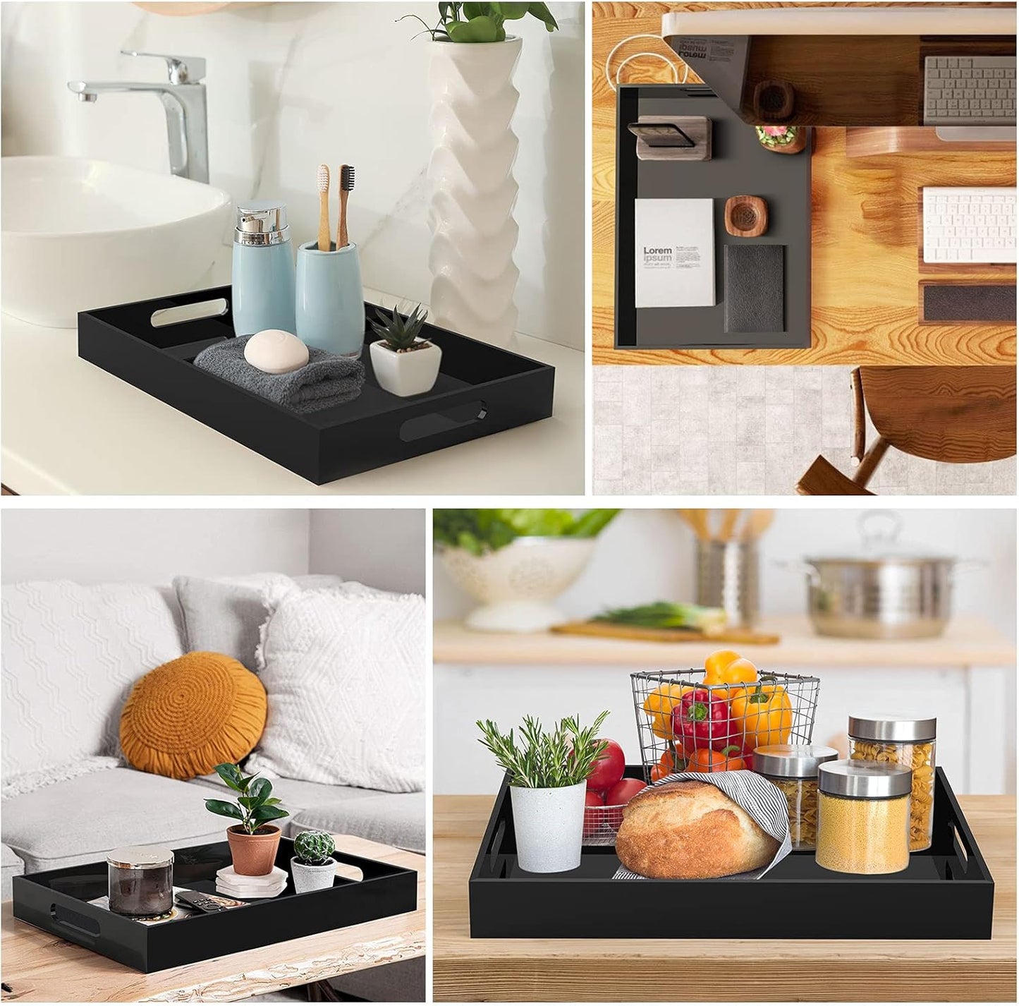 Acrylic Serving Trays with Handles, 16"X 12" Rectangle Sturdy Breakfast Tray, Black Decorative Trays Organiser for Bedroom, Kitchen, Living Room, Bathroom, Hospital and Outdoors