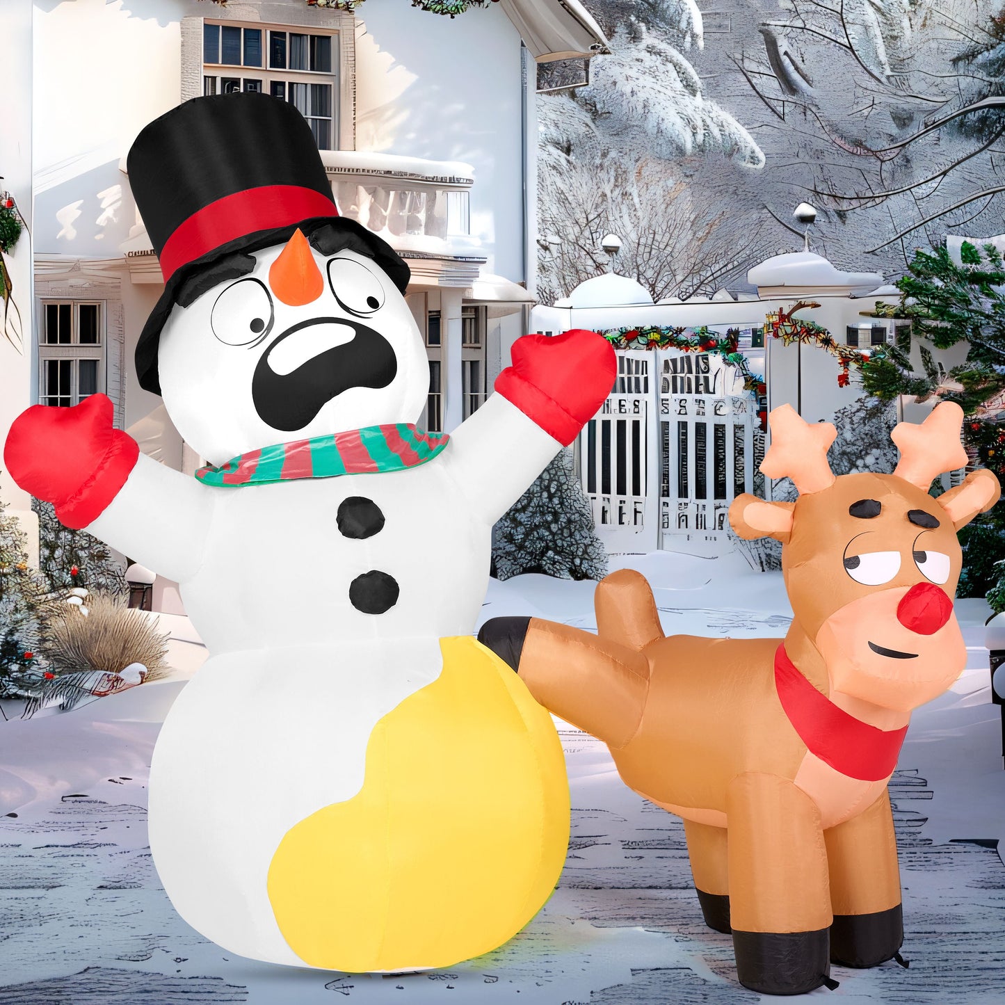 6.6 Ft Christmas Inflatables Reindeer Snowman Outdoor Decorations,Christmas Reindeer Peeing on Snowman Blow Ups Yard with Built-In Leds for Holiday Party Garden Lawn Decor