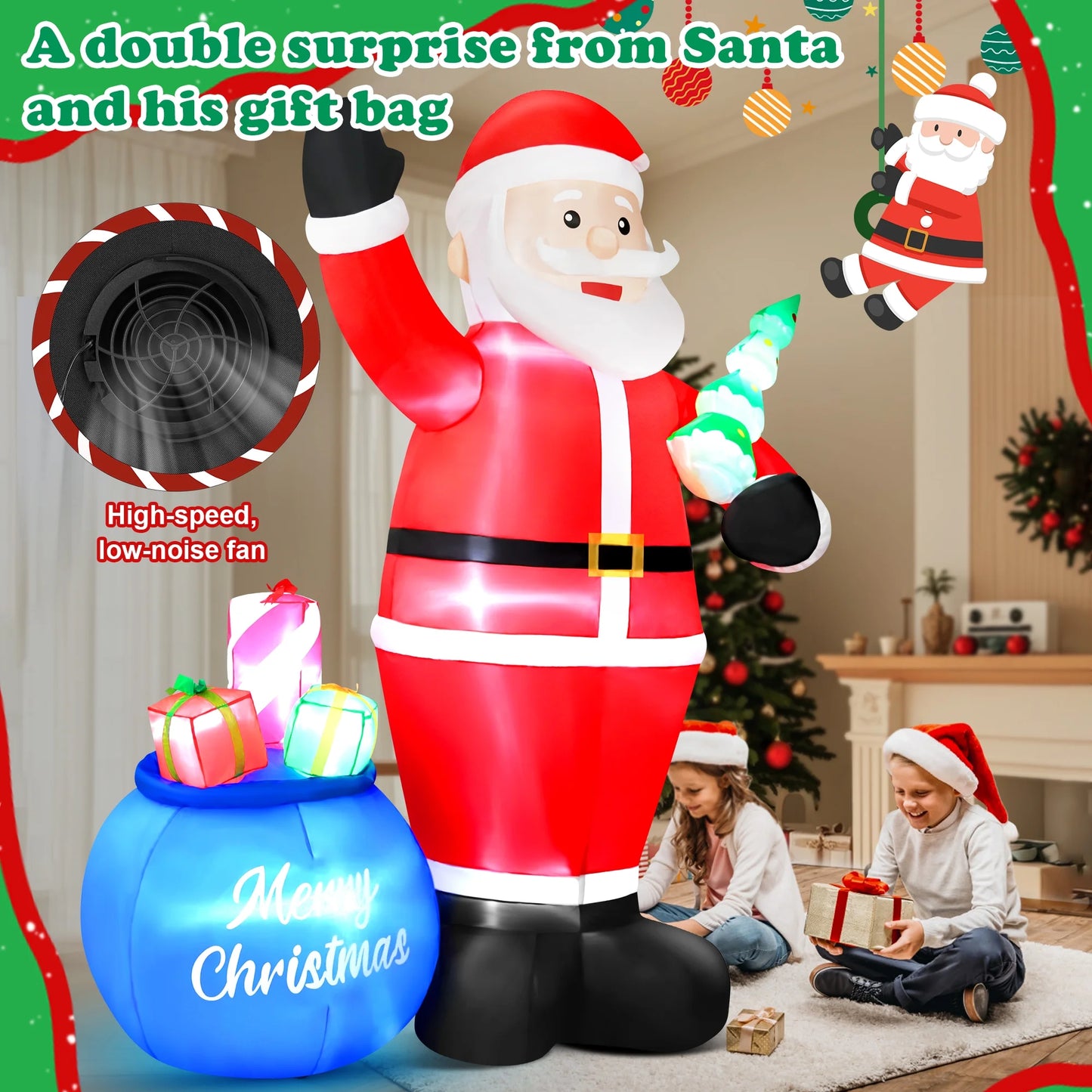 8FT Christmas Inflatable Santa Claus with Big Gift Bag and Christmas Tree Outdoor Decorations,Built-In LED Light,Blow up Xmas Inflatables for Front Back Yard Garden Lawn
