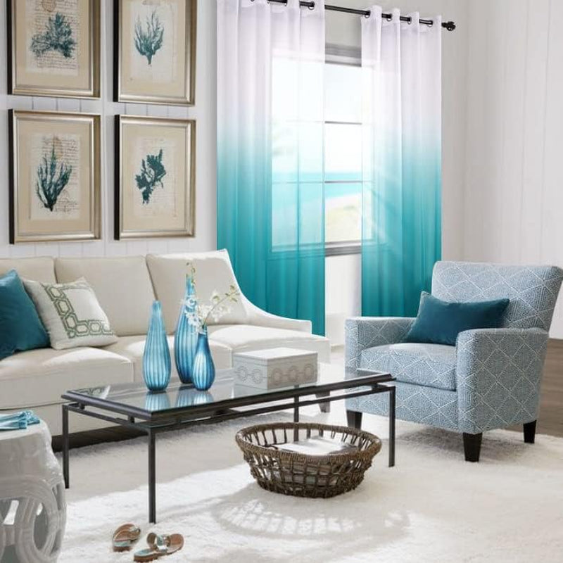 Teal Curtains 84 Inch Length for Bedroom Coastal Decor Pair Set 2 Panels Ombre Aqua Blue Turquoise Gradient Grommet Window Sheer Transparent Beach Curtains for Living Room Dining 52X84 Long