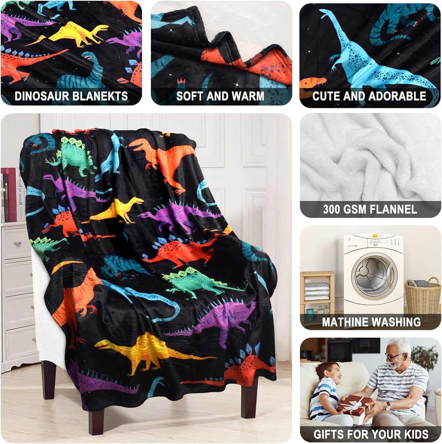Kids Dinosaur Blanket for Boys Girls Room Decor Personalized Cute Toddler Throw Blanket Chiristmas Dinasour Birthday Year Old Gifts Toys 40X50
