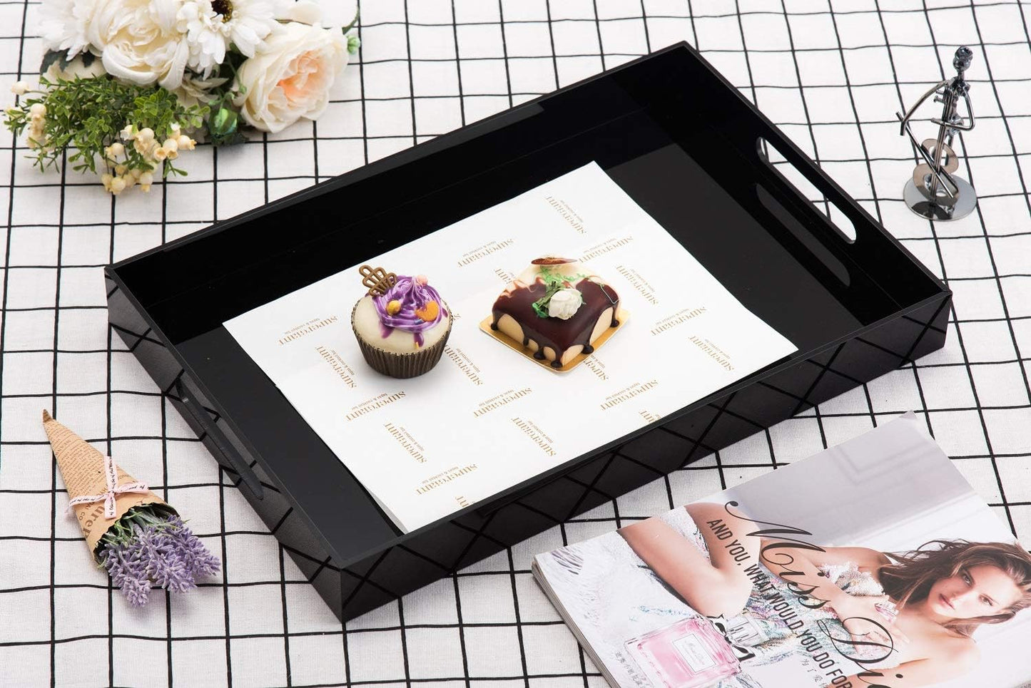 Glossy Black Sturdy Acrylic Serving Tray with Handles-12X16Inch-Serving Coffee,Appetizer,Breakfast,Butler-Kitchen Countertop Tray-Makeup Drawer Organizer-Vanity Table,Ottoman Trays-Decorativetray