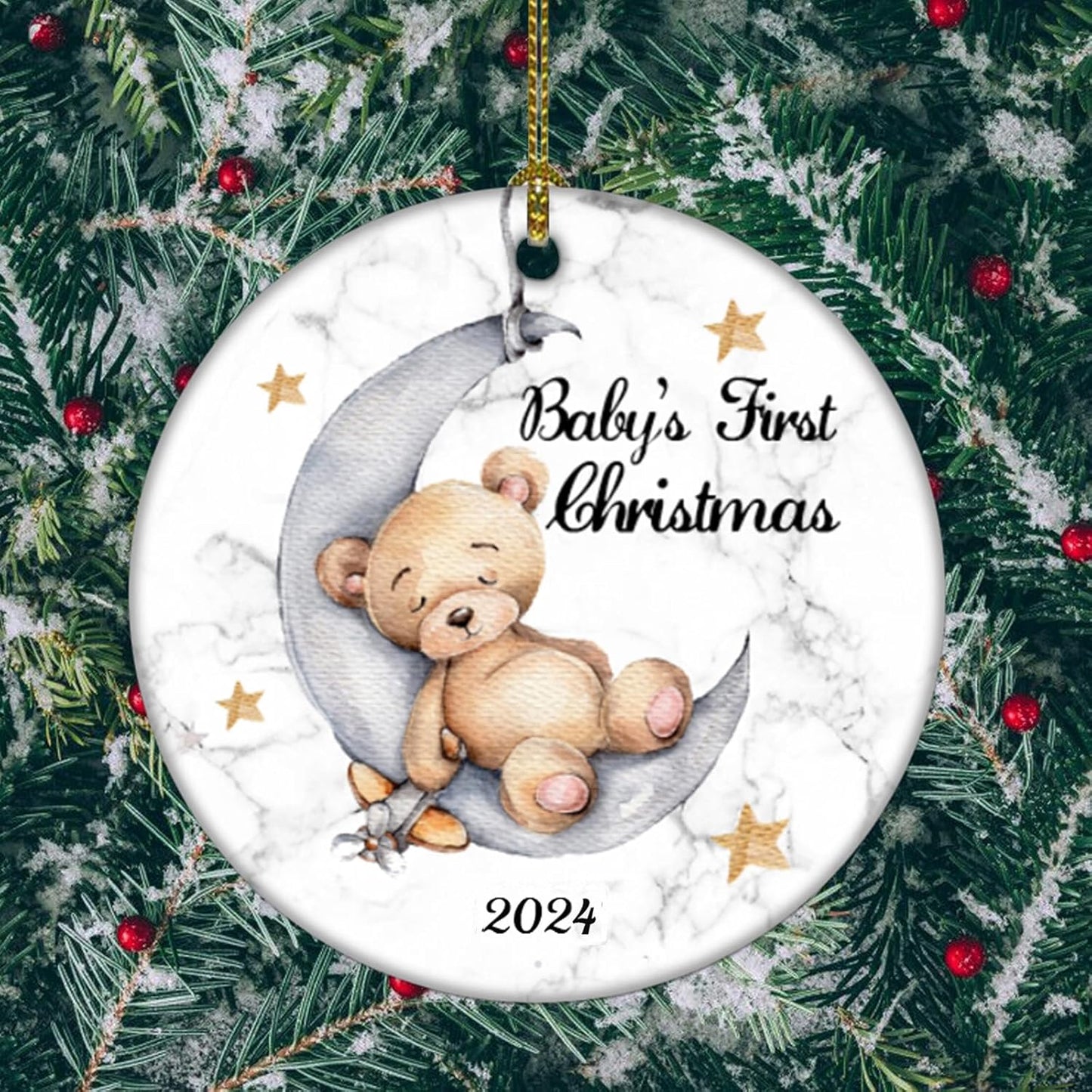 Baby'S First Christmas 2025 Boy Bear on the Moon Baby Ornament Christmas Wedding Decoration Baby Ornament Newlywed 2025 (Yellow and White Baby Bear)