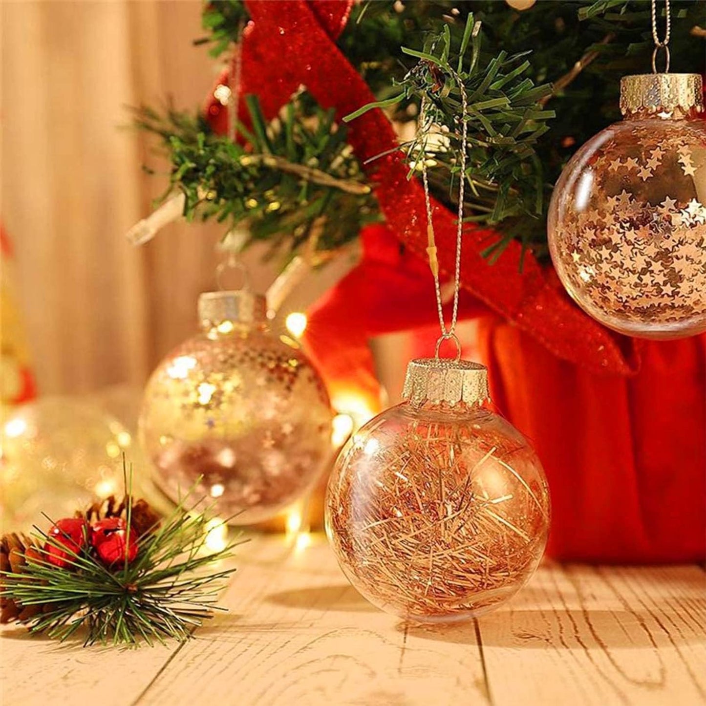 Christmas Ornaments Hanger String 200Pcs Gold Ribbon Ornament Hook Ropes Precut String with Snaps Locking for Xmas Ornament Hanging Decorations