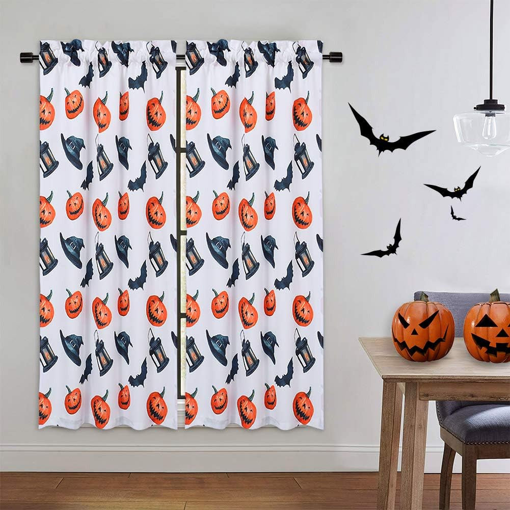 Halloween Kitchen Curtains 45 Inch Length, Pumpkins/Bats/Witch Hat/Lanterns Printed Halloween Decorations Short Tier Curtain Cafe Kitchen Curtains