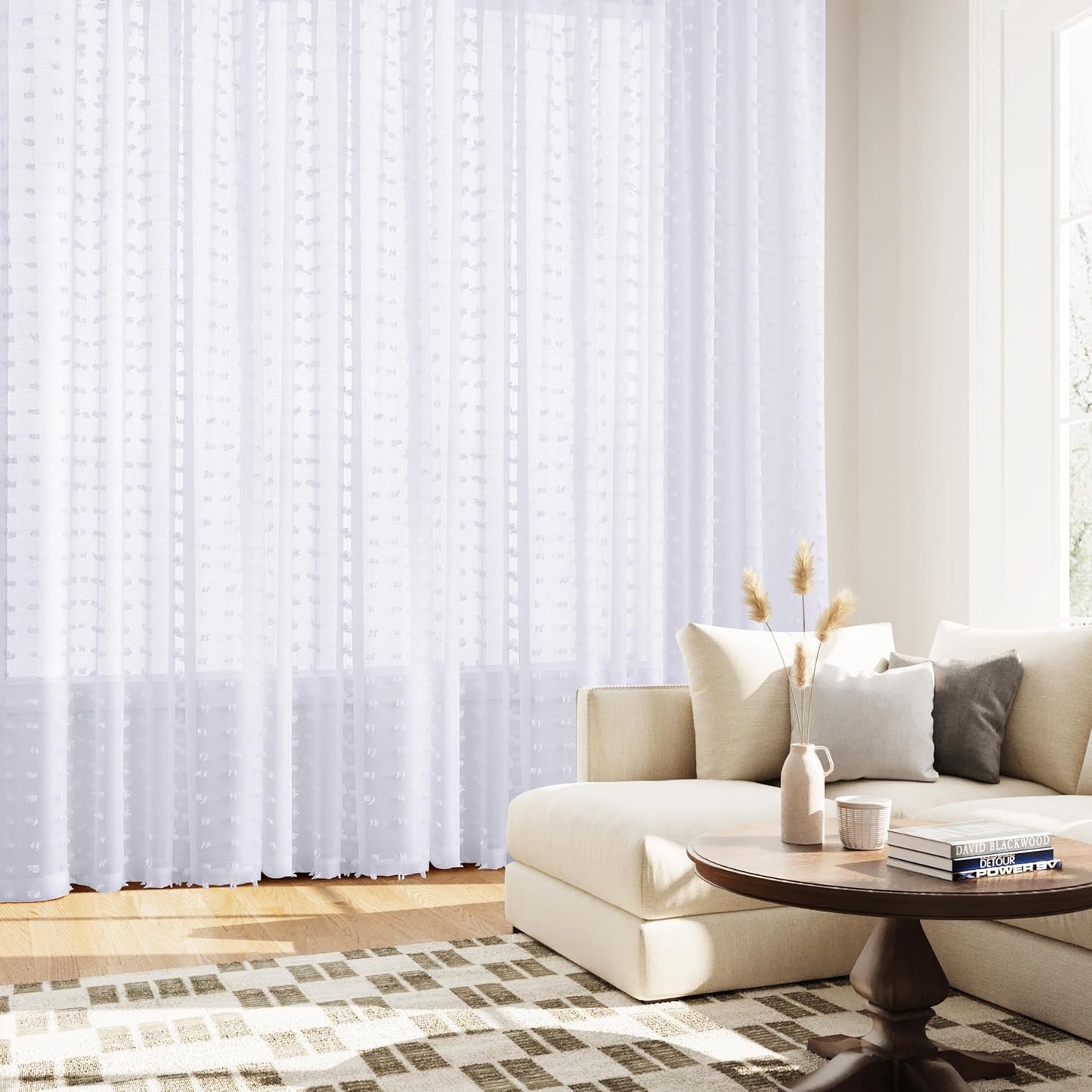 Sheer Curtains 84 Inch Length 2 Panels Sets for Living Room Bedroom 52 Inch Width Farmhouse Boho Drapes Light Filtering Pom Pom Curtains Tufted Semi Sheer Kids Rod Pocket,White,W52Xl84