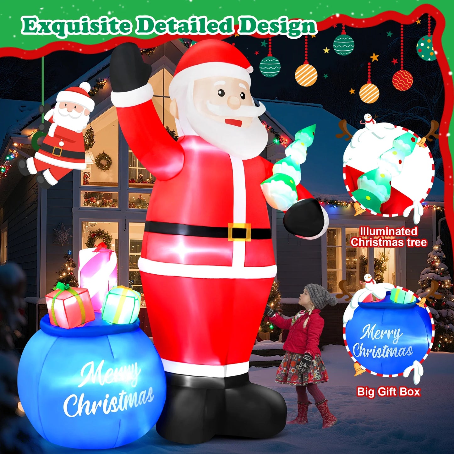8FT Christmas Inflatable Santa Claus with Big Gift Bag and Christmas Tree Outdoor Decorations,Built-In LED Light,Blow up Xmas Inflatables for Front Back Yard Garden Lawn