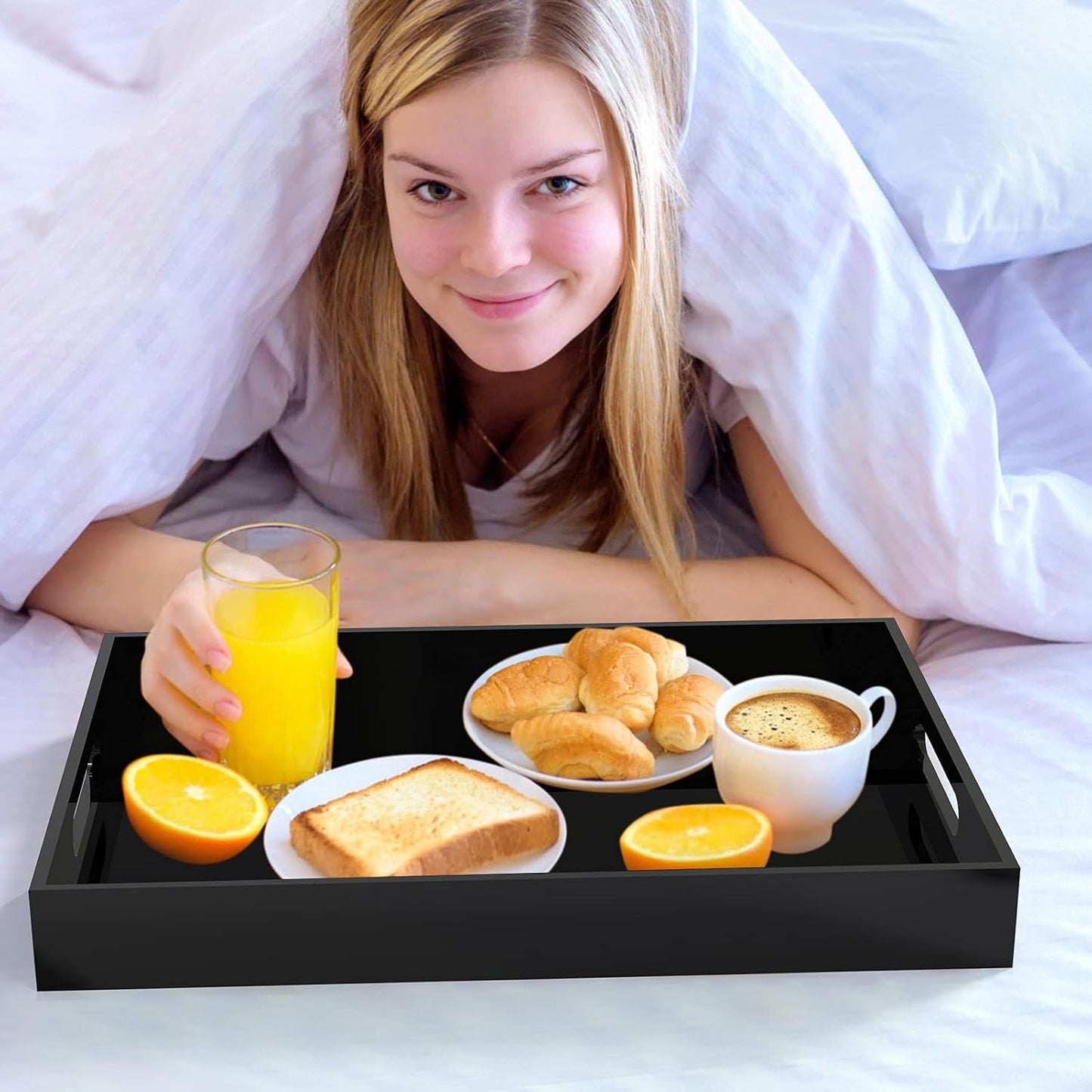 Acrylic Serving Trays with Handles, 16"X 12" Rectangle Sturdy Breakfast Tray, Black Decorative Trays Organiser for Bedroom, Kitchen, Living Room, Bathroom, Hospital and Outdoors