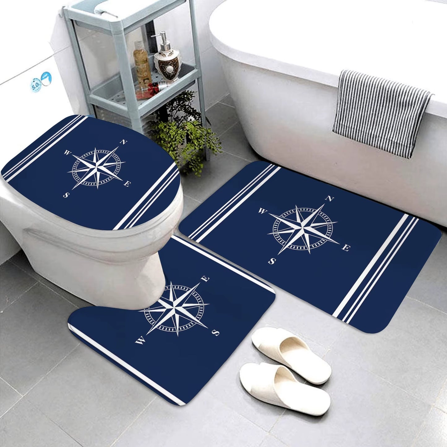 Dark Blue Nautical Series Bathroom Mats Bathroom Mats Three-Piece Set Bathroom Rugs and Mats Bathroom Products Can Be Customized