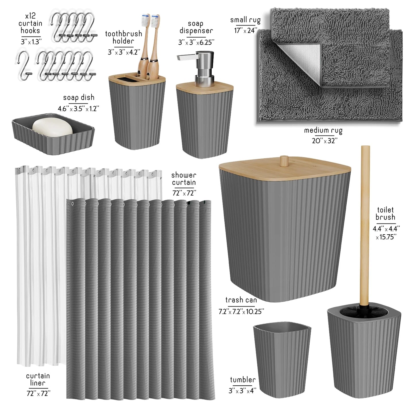 22 Piece Bamboo Bathroom Sets, Gray Bathroom Accessories Sets for Minimalistic Bathroom Décor