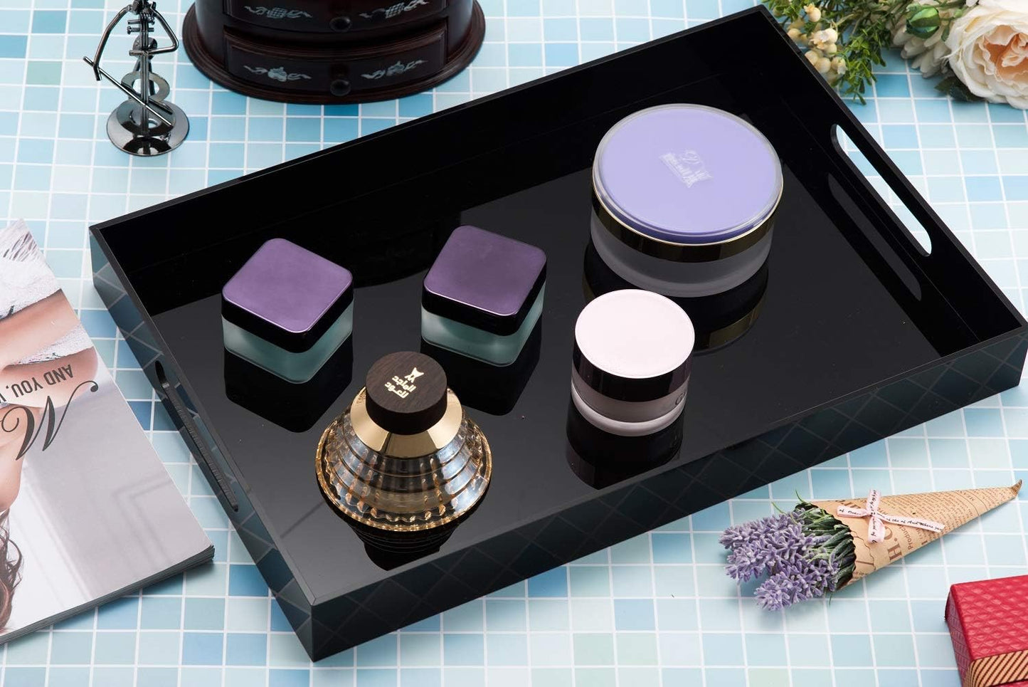 Glossy Black Sturdy Acrylic Serving Tray with Handles-12X16Inch-Serving Coffee,Appetizer,Breakfast,Butler-Kitchen Countertop Tray-Makeup Drawer Organizer-Vanity Table,Ottoman Trays-Decorativetray