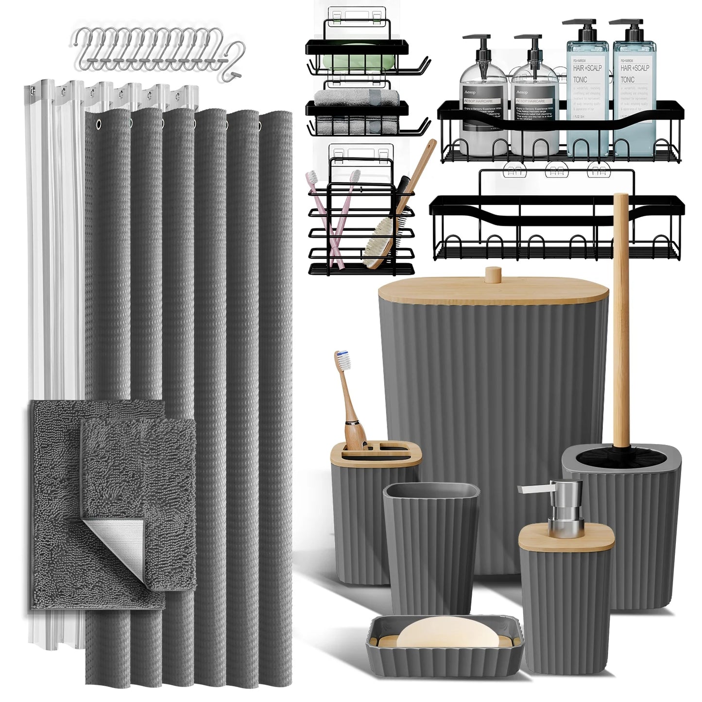 27 Piece Bamboo Bathroom Sets, Gray Bathroom Accessories Set with Bathroom Rugs and Shower Caddy Set