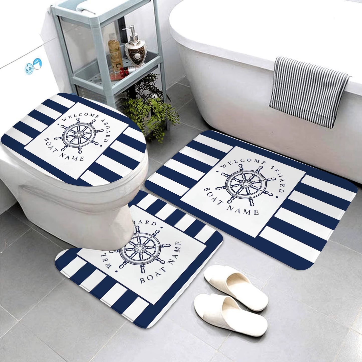 Dark Blue Nautical Series Bathroom Mats Bathroom Mats Three-Piece Set Bathroom Rugs and Mats Bathroom Products Can Be Customized