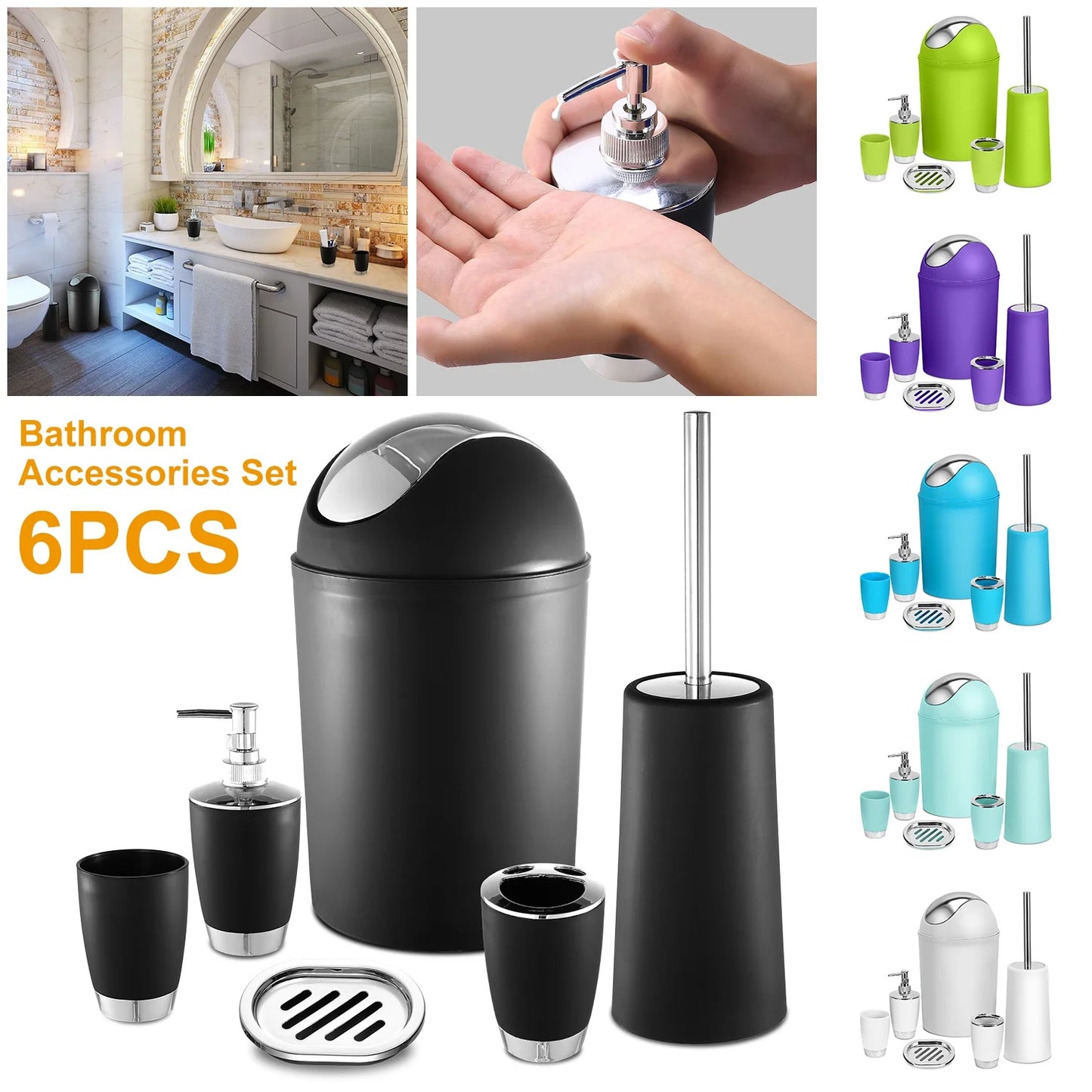 6 Pcs Bathroom Accessories Set, Plastic Bathroom Set Lightweight Durable for Home Bathroom Unisex Adults Kids, Black