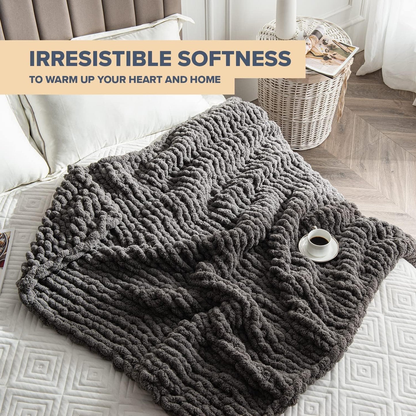 Chunky Knit Blanket Throw – 50" X 60", 3.7 Lbs – Handwoven Soft Chenille Yarn, Fluffy and Smooth – Machine Washable Cable Knit Blanket for Couch, Bed, and Living Room – Slate Grey