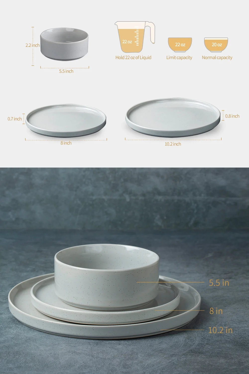 12 Piece Dinnerware Set, Stoneware Plates and Bowls Set, Dish Set for 4, Light Gray