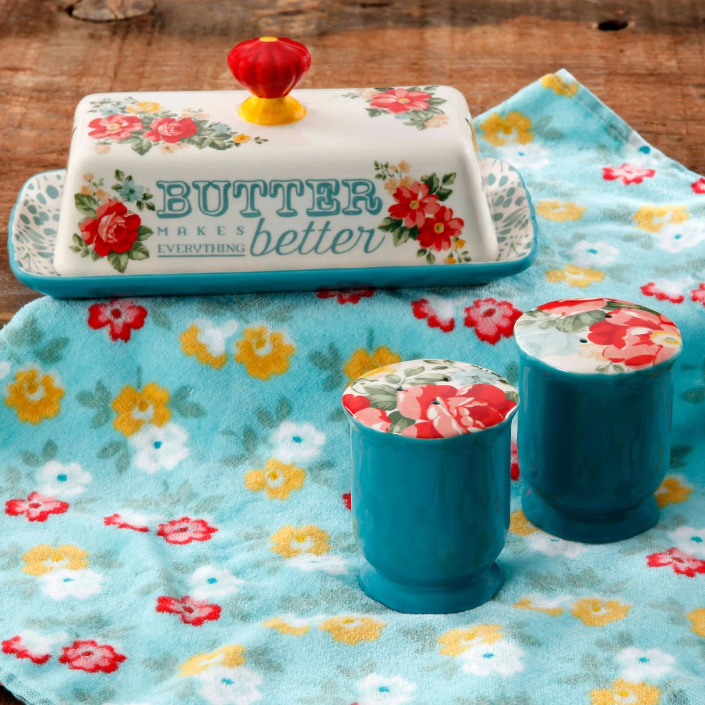 Vintage Floral Salt and Pepper and Butter Dish Set